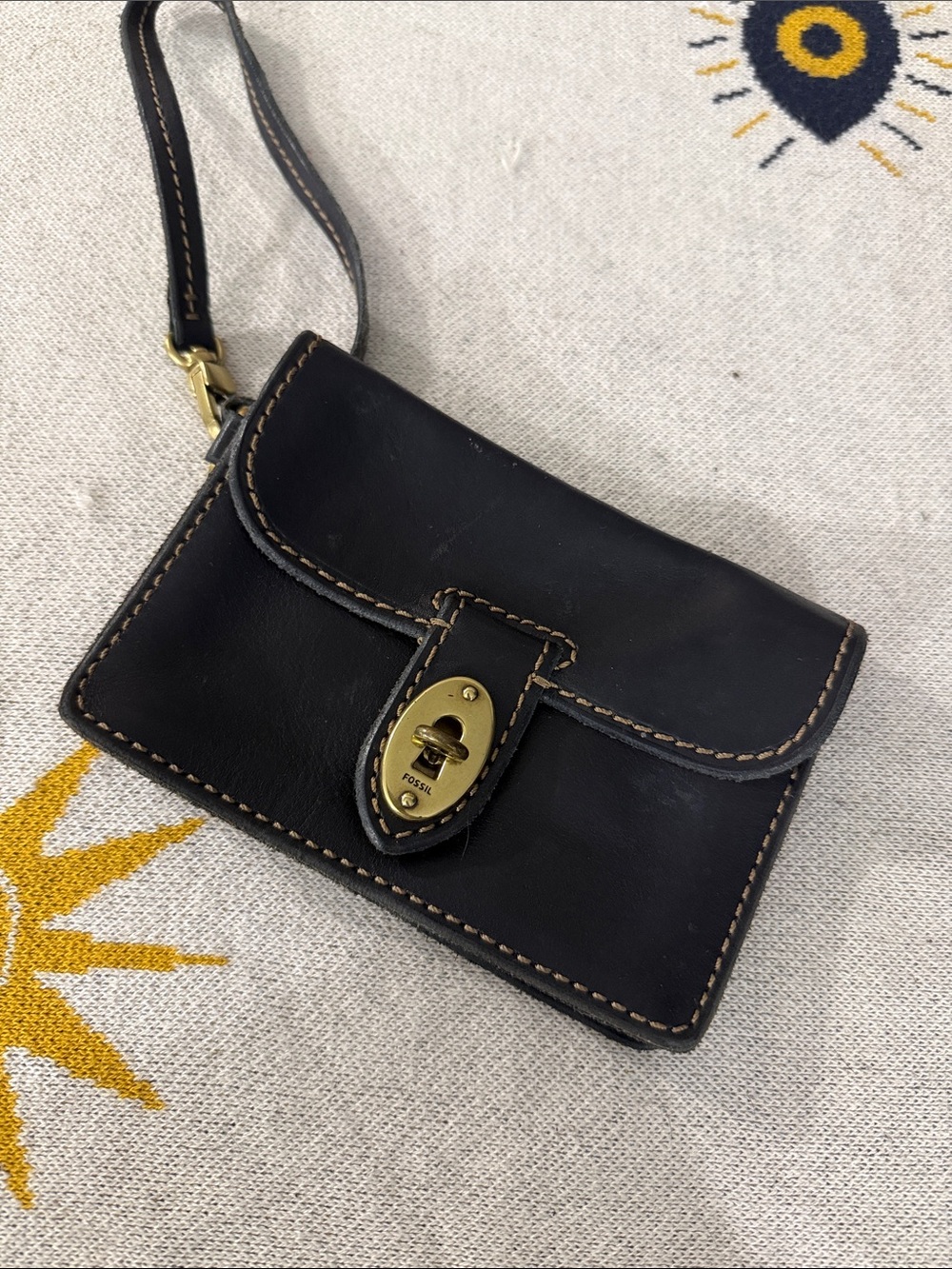 Fossil Black Leather Wristlet with Gold-Tone Turn Lock